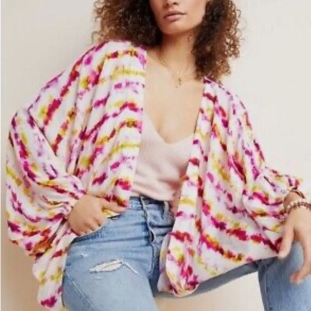 Anthropologie Pink, Yellow & White Tie-Dye Lightweight Kimono Tunic